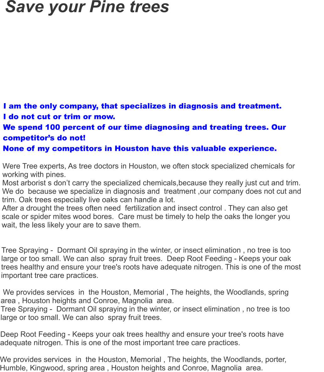 Save your Pine trees    I am the only company, that specializes in diagnosis and treatment.  I do not cut or trim or mow.  We spend 100 percent of our time diagnosing and treating trees. Our competitor’s do not! None of my competitors in Houston have this valuable experience.  Were Tree experts, As tree doctors in Houston, we often stock specialized chemicals for  working with pines.   Most arborist s don’t carry the specialized chemicals,because they really just cut and trim. We do  because we specialize in diagnosis and  treatment ,our company does not cut and trim. Oak trees especially live oaks can handle a lot.  After a drought the trees often need  fertilization and insect control . They can also get scale or spider mites wood bores.  Care must be timely to help the oaks the longer you wait, the less likely your are to save them.     Tree Spraying -  Dormant Oil spraying in the winter, or insect elimination , no tree is too large or too small. We can also  spray fruit trees.  Deep Root Feeding - Keeps your oak trees healthy and ensure your tree's roots have adequate nitrogen. This is one of the most important tree care practices.   We provides services  in  the Houston, Memorial , The heights, the Woodlands, spring area , Houston heights and Conroe, Magnolia  area. Tree Spraying -  Dormant Oil spraying in the winter, or insect elimination , no tree is too large or too small. We can also  spray fruit trees.    Deep Root Feeding - Keeps your oak trees healthy and ensure your tree's roots have adequate nitrogen. This is one of the most important tree care practices.   We provides services  in  the Houston, Memorial , The heights, the Woodlands, porter, Humble, Kingwood, spring area , Houston heights and Conroe, Magnolia  area.